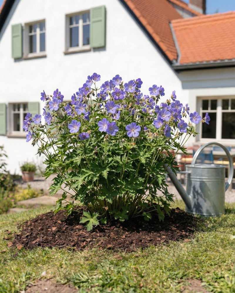 Eine Geranie (blau) mit üppigen grünen Blättern und blauen Blütenbüscheln erhellt den Garten vor einem Haus mit grünen Fensterläden, roten Dachziegeln und einer metallenen Gießkanne - ein echter Gartenschatz auf dem Rasen.