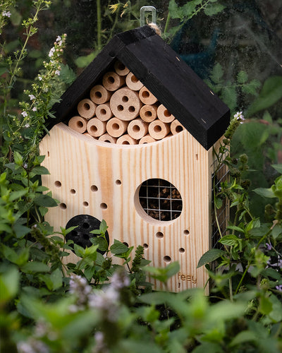 Ein hölzernes Insektenhotel „Bellatscho“ mit schwarzem Dach liegt eingebettet zwischen grünem Laub und kleinen Blütenpflanzen im Garten. Die Struktur enthält Löcher und Fächer unterschiedlicher Größe, um verschiedenen Insektenarten, darunter auch Wildbienen, Schutz zu bieten.