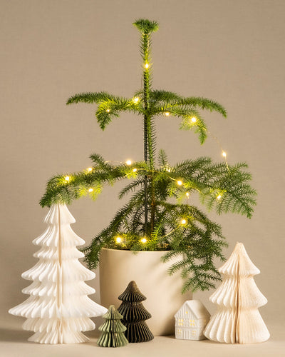 Ein kleiner Weihnachtsbaum im Topf, geschmückt mit einer funkelnden Lichterkette, ist umgeben von dekorativen Baumfiguren in Weiß, Grün und Beige sowie einer Miniaturhausdekoration. Der Hintergrund ist in einer schlichten, neutralen Farbe gehalten und unterstreicht das festliche Arrangement zum Weihnachtsdekorieren.